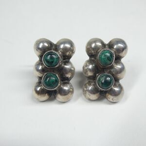 Mexico Silver Earrings Screwback Vintage Modernist Green Stone Malachite